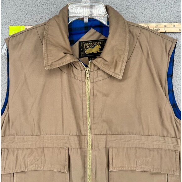 VTG Branded Lion Men's Brown Vest Pockets Insulated Blue Plaid Liners Size L - Picture 2 of 15